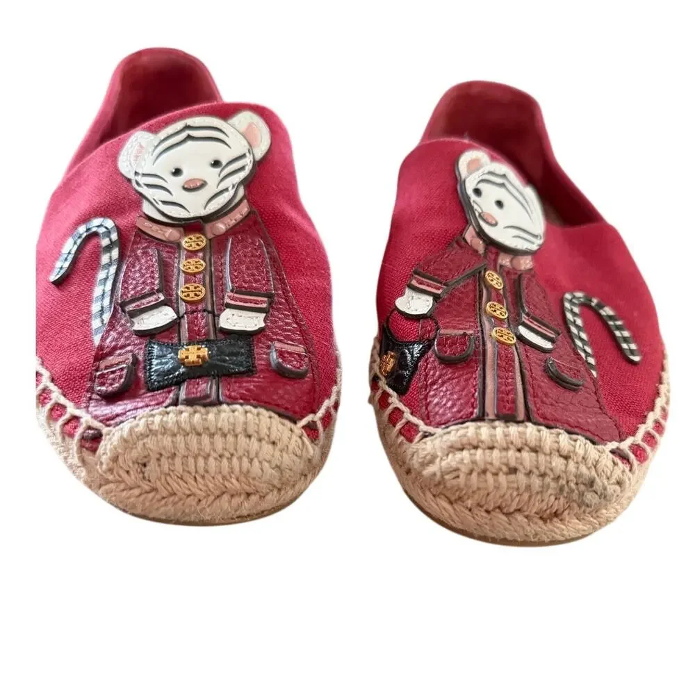 Tory Burch Tilly The Tiger Red Canvas & Leather Slip On Espadrille Flats
